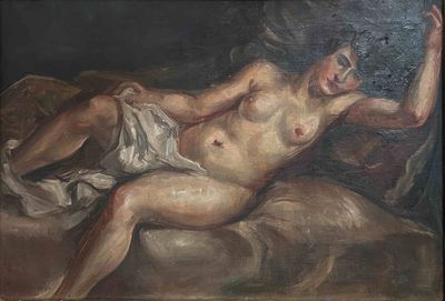 tableau représentant un homme nu allongé sur un lit avec un oreiller