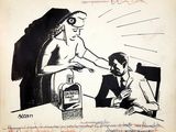 drawing of a woman handing a bottle of alcohol to a man sitting at a table