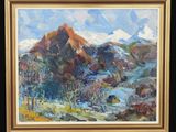 une peinture à l'huile représentant un paysage de montagne avec des arbres au premier plan