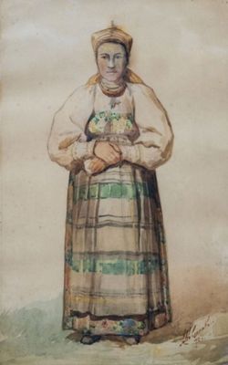 an old painting of a woman in a dress and a hat