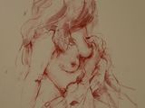 drawing of a woman sitting on a chair with her hands on her head