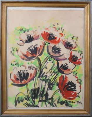 an image of a painting of red and white flowers in a gold frame