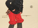 an old poster of a man in red pants and a black jacket