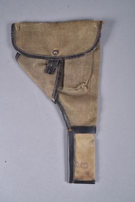 an image of a tan canvas pouch with a black stripe