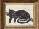 painting of a black cat resting on a branch in a gold frame