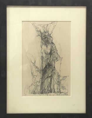 dessin représentant un homme à tête de cerf, dans un cadre noir