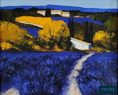un tableau représentant une route menant à une ferme, avec une maison au loin