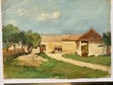 an image of a painting of a farm with a barn in the background