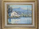 un tableau représentant une maison au bord d'une rivière, avec des montagnes en arrière-plan