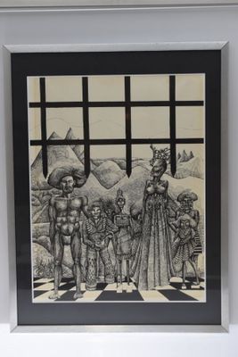 DAVEAU, "Personnages sur une scène", dessin à l'encre signé …