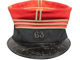 red and black hat with a number 63 on it