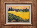 an oil painting of a yellow field with a barn in the distance