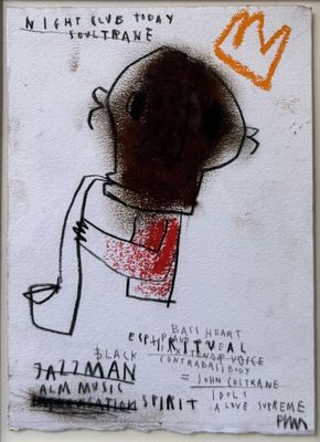 painting of a man holding a cup of coffee on a white wall