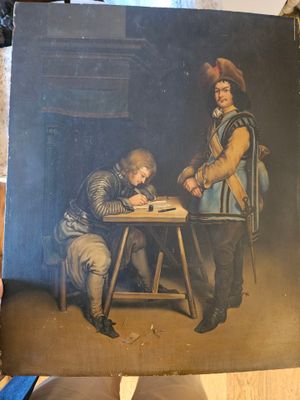un tableau représentant deux hommes assis à une table