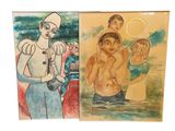 two paintings of a man and a woman with a child in the water