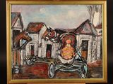 painting of a baby in a stroller in front of a house