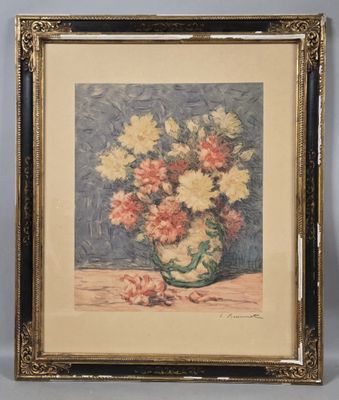 painting of flowers in a vase on a table with a blue background