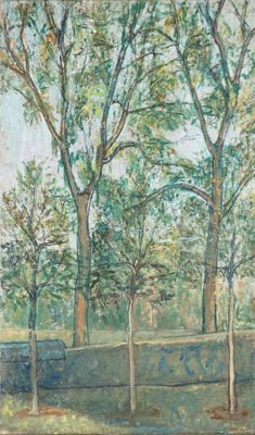 une peinture à l'huile représentant des arbres dans un parc, avec un banc au premier plan