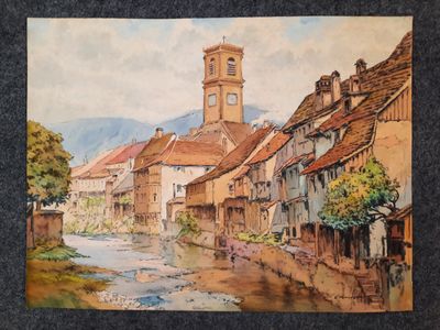 une aquarelle représentant une ville avec une tour horloge