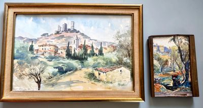 a picture of a painting on the wall next to a picture of a castle