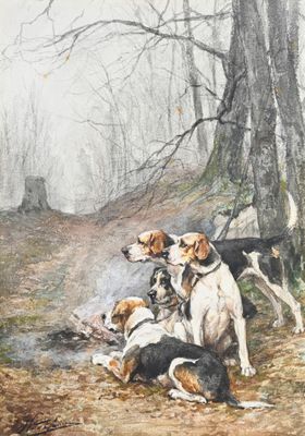tableau représentant un groupe de chiens se reposant près d'un arbre dans un espace boisé