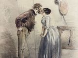 dessin représentant un homme embrassant une femme dans une pièce où se trouve un miroir