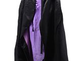 purple and black jacket hanging on a hanger on a white wall
