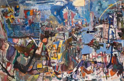 an image of a painting of a city with lots of buildings