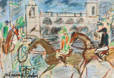 drawing of a horse race with jockeys and horses in front of a building