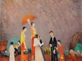 painting of a group of people standing in a field with an umbrella