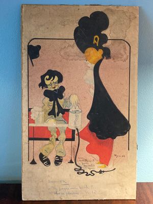 MORISS: Grande caricature aquarellée sur carton et légendée:…