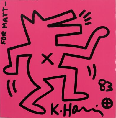 a pink poster with a drawing of a man on a skateboard
