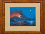 an image of a painting of a boat in the water with a mountain in the background