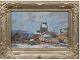 an image of a painting of a town with a clock tower in the background
