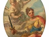 an image of a painting of angels and a woman holding a sword