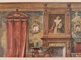 a drawing of a room with a fireplace and a painting on the wall