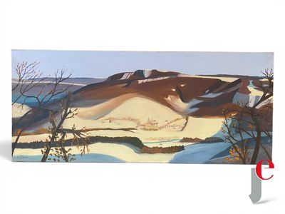 tableau représentant un paysage enneigé avec une rivière au premier plan et des arbres au premier plan