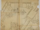 an old book with a drawing of people in a garden
