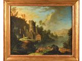 a painting of a river scene with a castle in the background