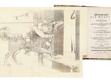 un vieux livre sur lequel figure le dessin d'un homme à cheval