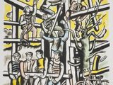 an image of a painting of a group of people with a bicycle