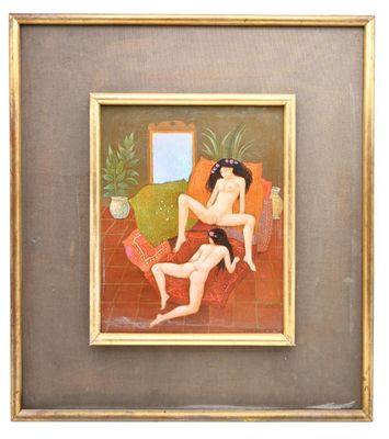 tableau représentant une femme nue assise sur un canapé, avec une plante en pot en arrière-plan