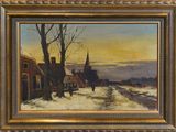 a painting of a snowy street with a church in the background
