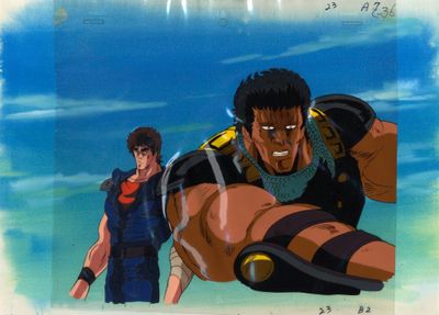 une image représentant un dessin animé d'un homme volant au-dessus d'un autre homme