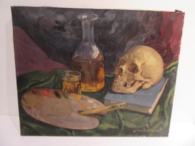 a painting of a skull and a bottle of alcohol on a table