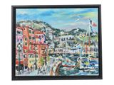 painting of a harbor scene with boats and buildings in a black frame