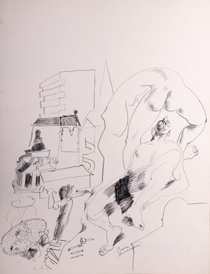 a black and white drawing of a man sitting on a chair