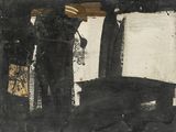 une peinture en noir et blanc représentant un homme debout devant un immeuble