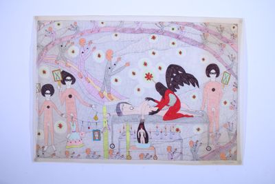 a picture of a drawing of a woman and two children