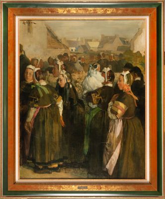 une peinture à l'huile représentant un groupe de personnes devant un bâtiment